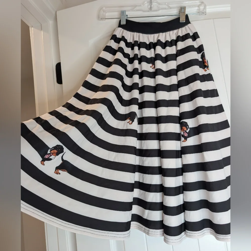 Blackmilk Dachshund Striped Black and White Midi Skirt - Picture 1 of 8